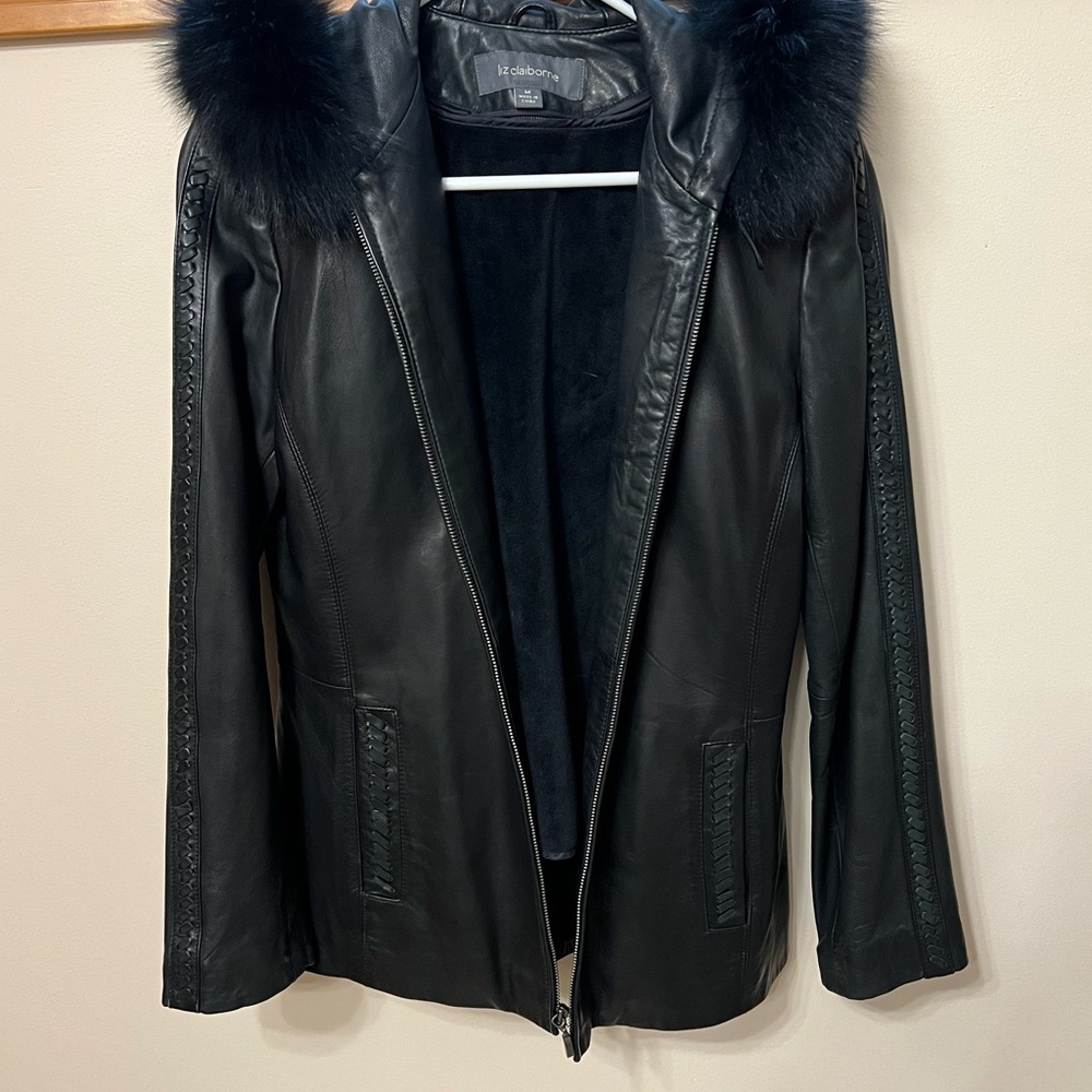 Elie Tahari Black Leather Jacket with Fox Fur Trim